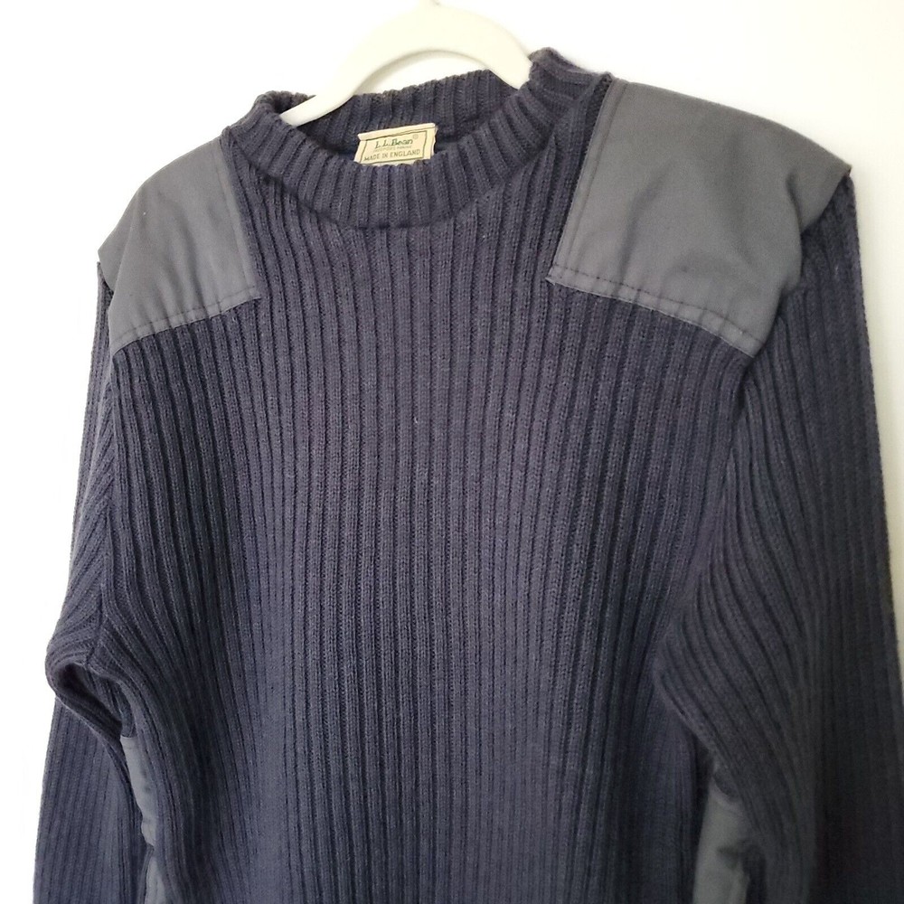 VINTAGE LL Bean 100% Wool Commando Sweater LG Blue Elbow Patch Military England